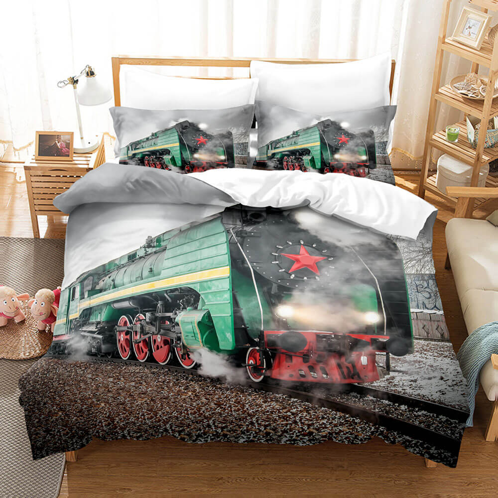 Steam Engine Train Vintage Locomotive Bedding Set Duvet Cover Sheets - EBuycos