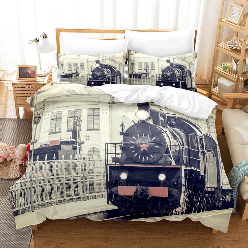 Steam Engine Train Vintage Locomotive Bedding Set Duvet Cover Sheets - EBuycos