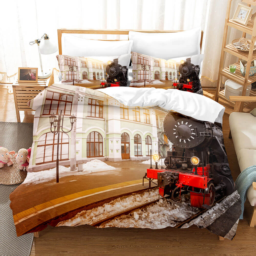 Steam Engine Train Vintage Locomotive Bedding Set Duvet Cover Sheets - EBuycos